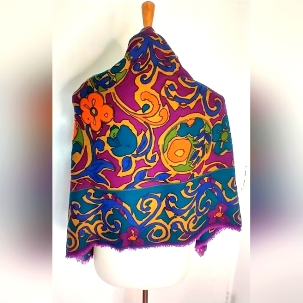 Vibrant Floral Purple Multicolor Silk-Feel Scarf
